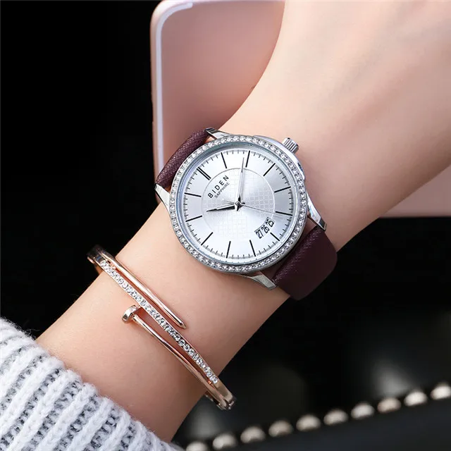 

2019 Top Brand Round Women Bracelet Watch Contracted Leather Crystal WristWatches Women Dress Ladies Quartz Clock BIDEN BRAND