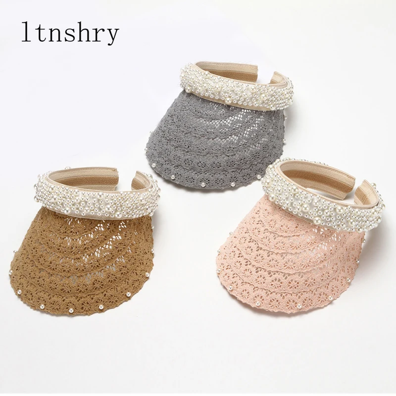 

2019 Pearl Visor Female Holiday Beach Hat Ladies Summer Sun Shade Caps Fashion Straw Empty Top Caps Outdoor Travel Hats Anti-UV