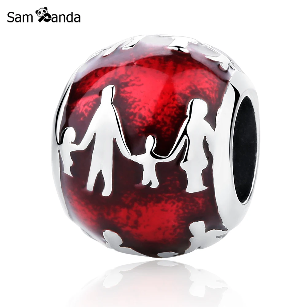 

Authentic 100% 925 Sterling Silver Charm Bead Family Silhouette Charms Fuchsia Enamel Fit Pandora Bracelets Women DIY Jewelry