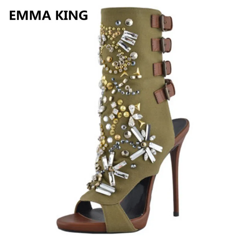 

2019 New Arrival Green Crystal Women Gladiator Sandals Open Toe Back Buckle Strap High Heels Ladies Platform Shoes Woman Sandals