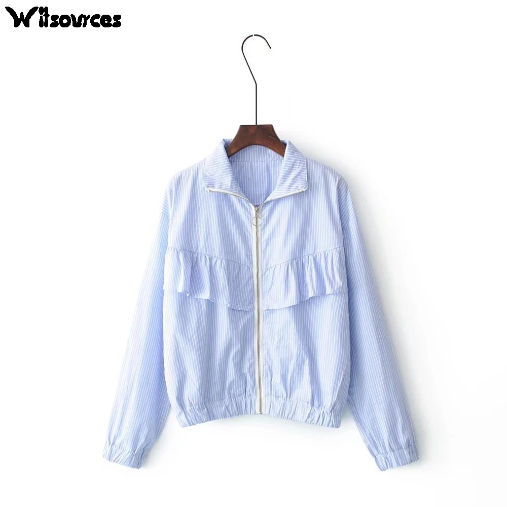 Witsources Striped Jacket Women 2017 New Lapel Collar Long Sleeve Blue