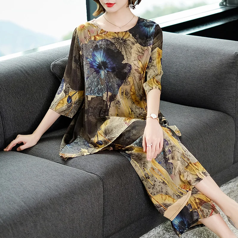 

Summer Suit 2019 New Women's Plus Size Imitated Slik Fashion Set Loose Gauze Top Wide Leg Trouser Two Pieces Set