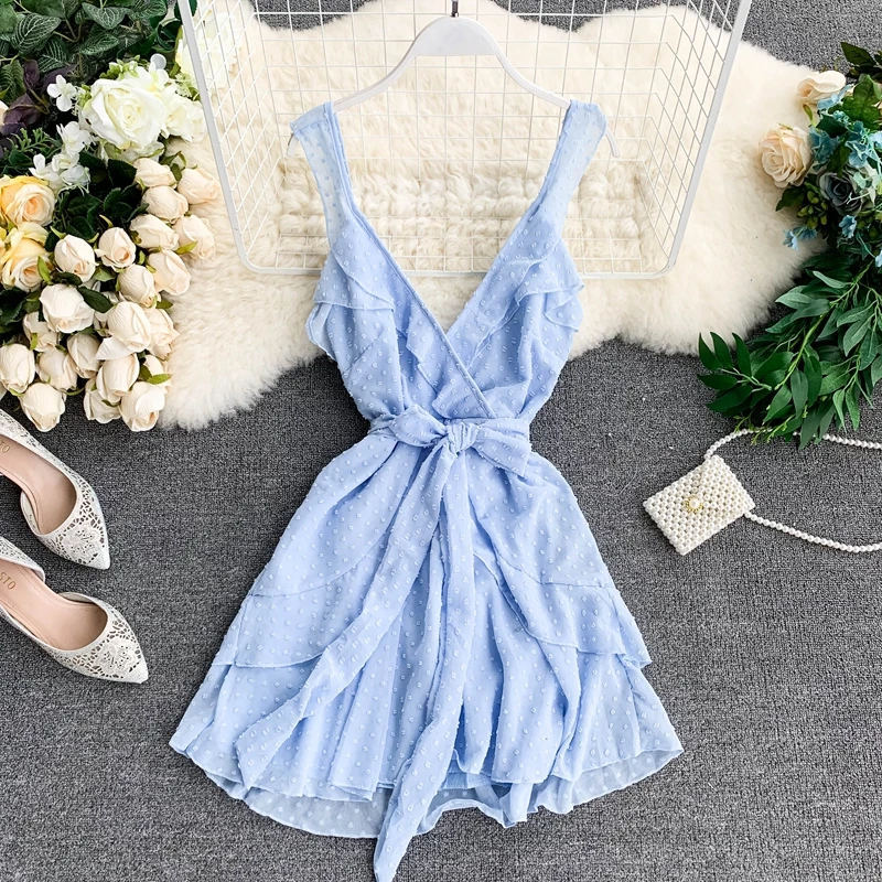 ALPHALMODA пляжное платье для отдыха с v-образным вырезом, спиннинг, открытая спина, сексуальное короткое гофрированное платье, необычное гофрированное мини пляжное платье - Цвет: Небесно-голубой