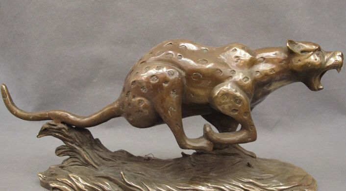 

S4333 13" Folk Chinese Bronze Copper Wild Onrushing Spotted Leopard Panther Statue D0317