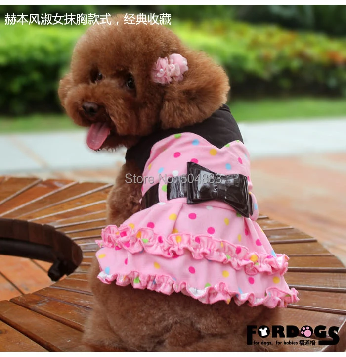 Гофрированное платье принцессы для собак, Пятнистое с бантом на поясе, хлопковые товары для домашних животных, одежда розового и черного цвета, XS-XL