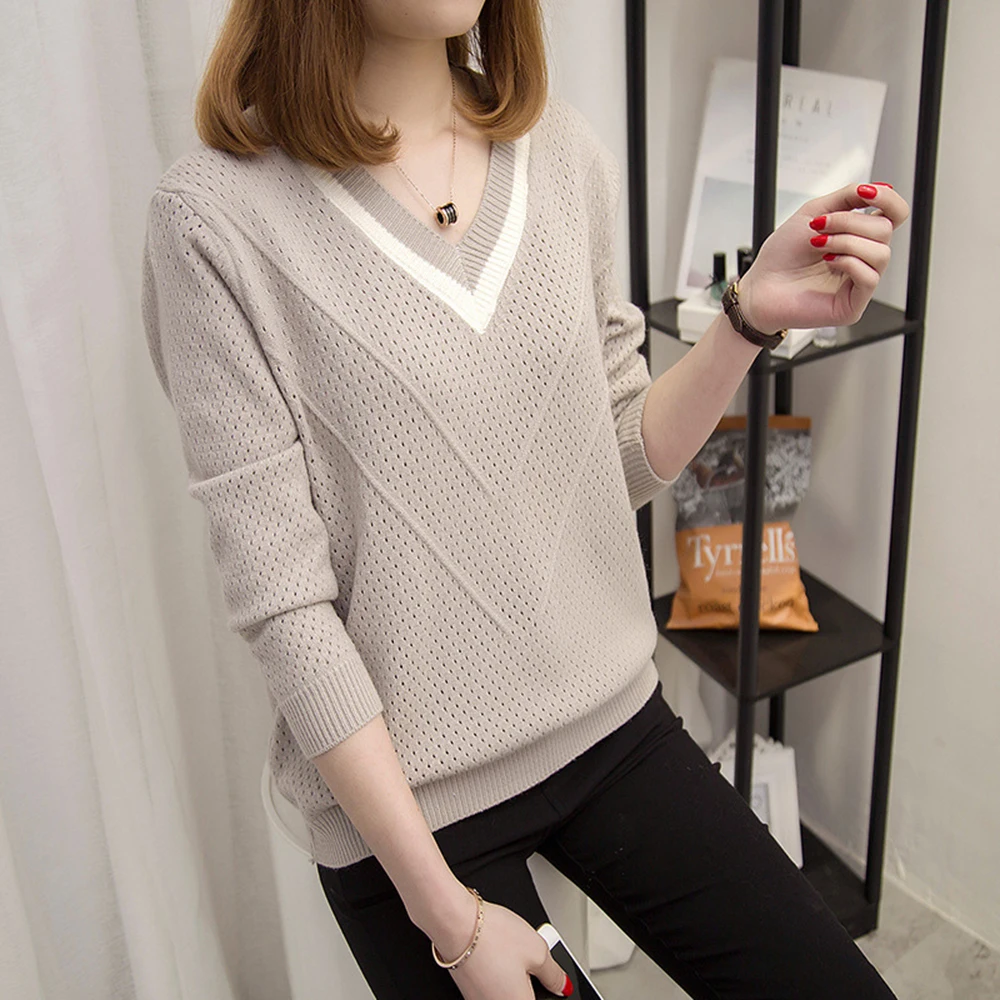 

Women Sweaters Winter Autumn Korean Hollow Sweaters Womens Clothes Loose Knitted Sweater Female V-neck Pullover Tops for Women