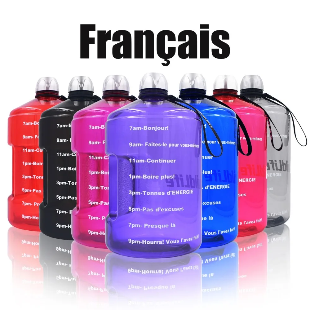 

French Version BuildLife 1 Gallon Water Bottle with Time Marker 3.78L 128OZ BPA Free Plastic Large Capacity water jug France GYM