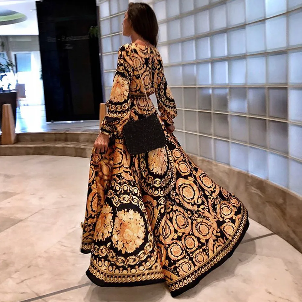 

Vintage split gold christmas dress Women winter elegant print maxi dress long sleeve Autumn loose party boho sexy dress