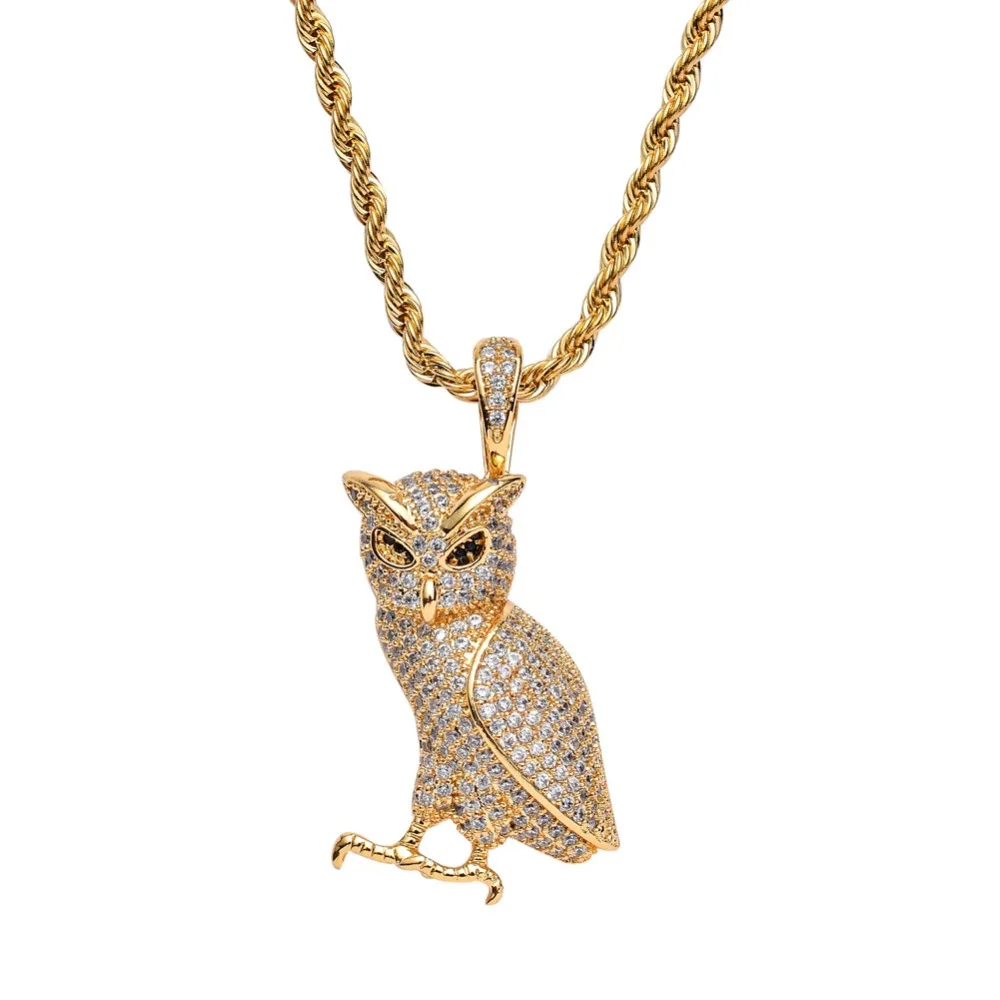 

BNRESALE Hip Hop Music Gold Silver Full CZ Iced Out Copper Owl Pendant Necklace Gift for Rappers with Jewelry Box