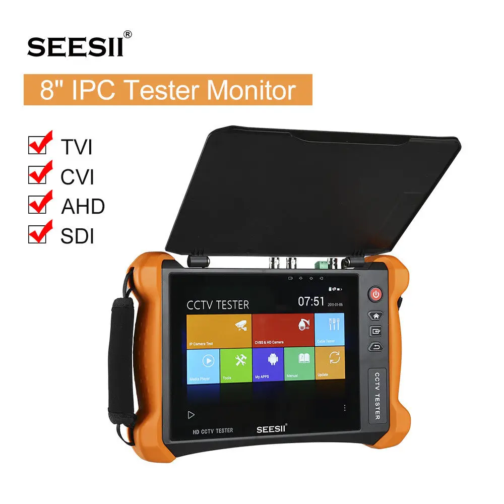 

SEESII 8" Tester Monitor IP Camera Tester 4in1 TVI CVI AHD SDI PTZ Control PoE H.265 Buit-in WiFi