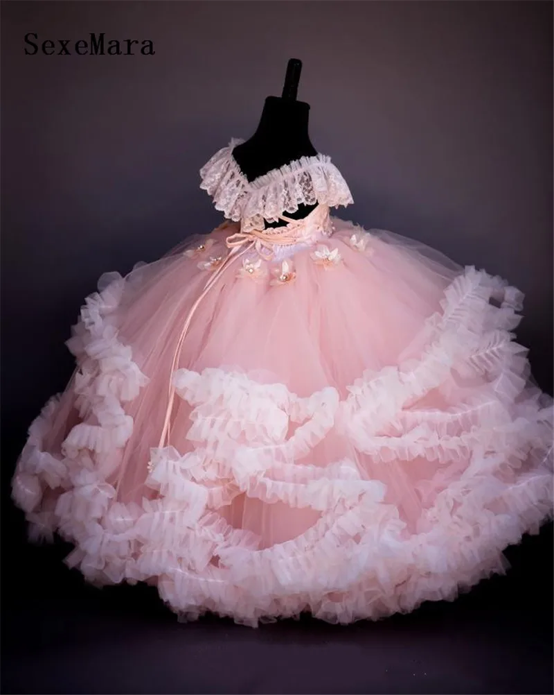 Новое поступление, Розовые Платья с цветочным узором для девочек, украшенные бисером цветы ручной работы религиозное платье для девочек, кружевные бальные платья на день рождения для детей