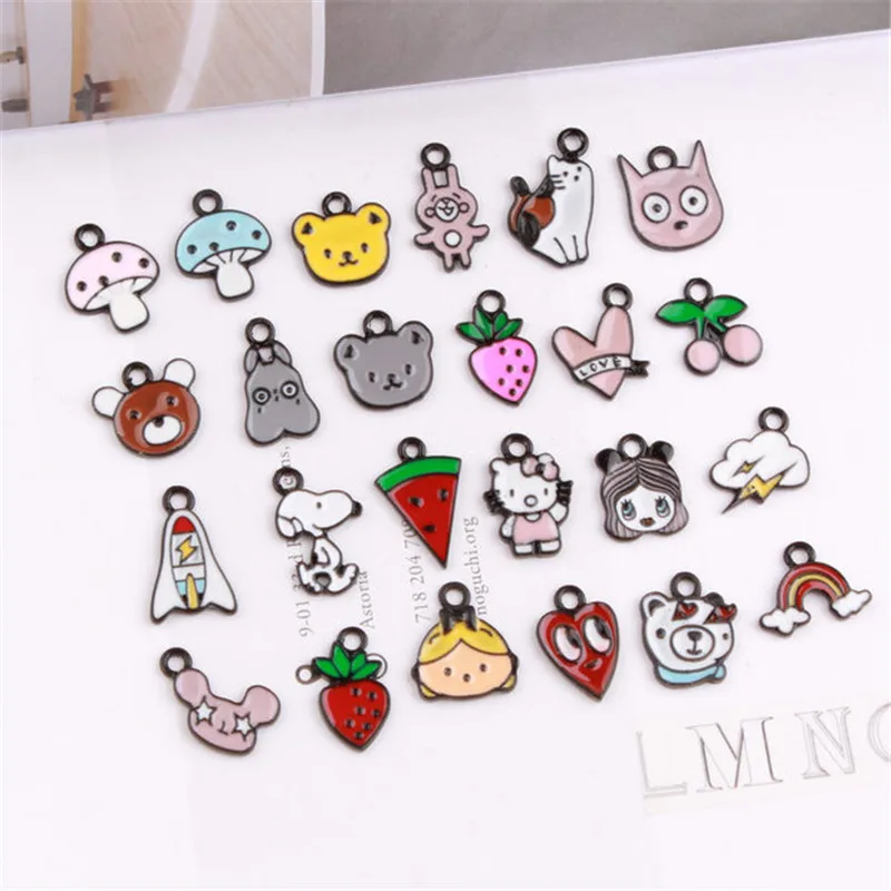 

100PCs Kawaii Enamel Animal Bear Cat Dog Pendant Charms Mushroom Cherry Strawberry Rainbow Heart Watermelon Cloud Kawaii Charm
