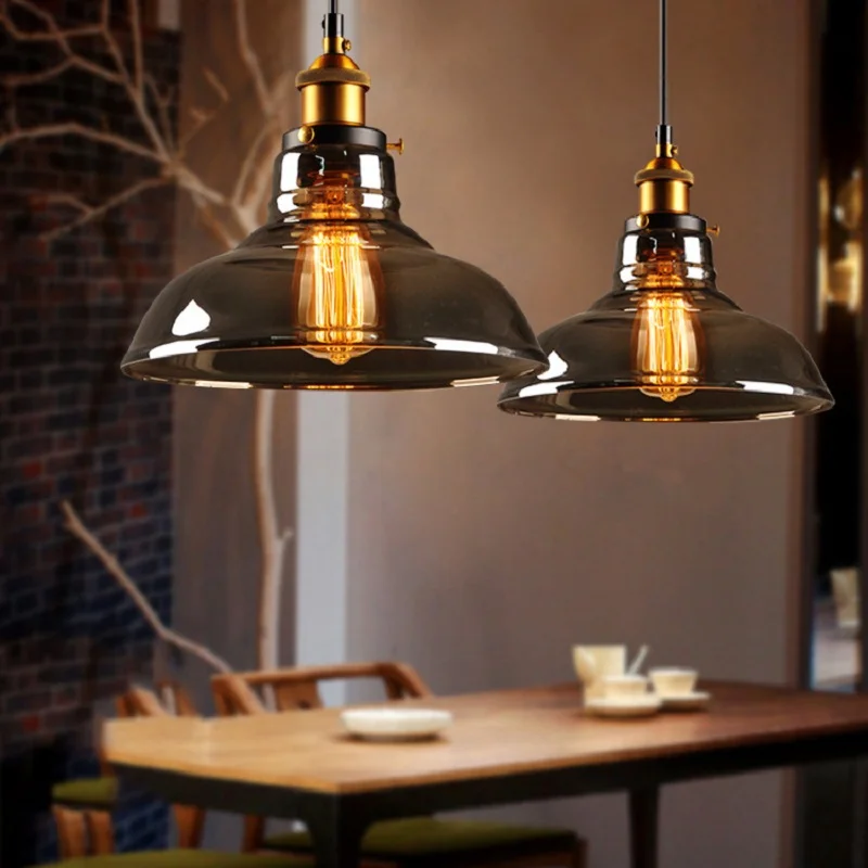 Antique brass brushed smoke gray industrial glass pendant lights Edison retro light fixture ceiling lamp dining light