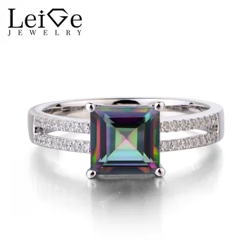 

Leige Jewelry Mystic Topaz Solid 925 Sterling Silver Ring Princess Cut Rainbow Gemstone Wedding Engagement Rings for Women