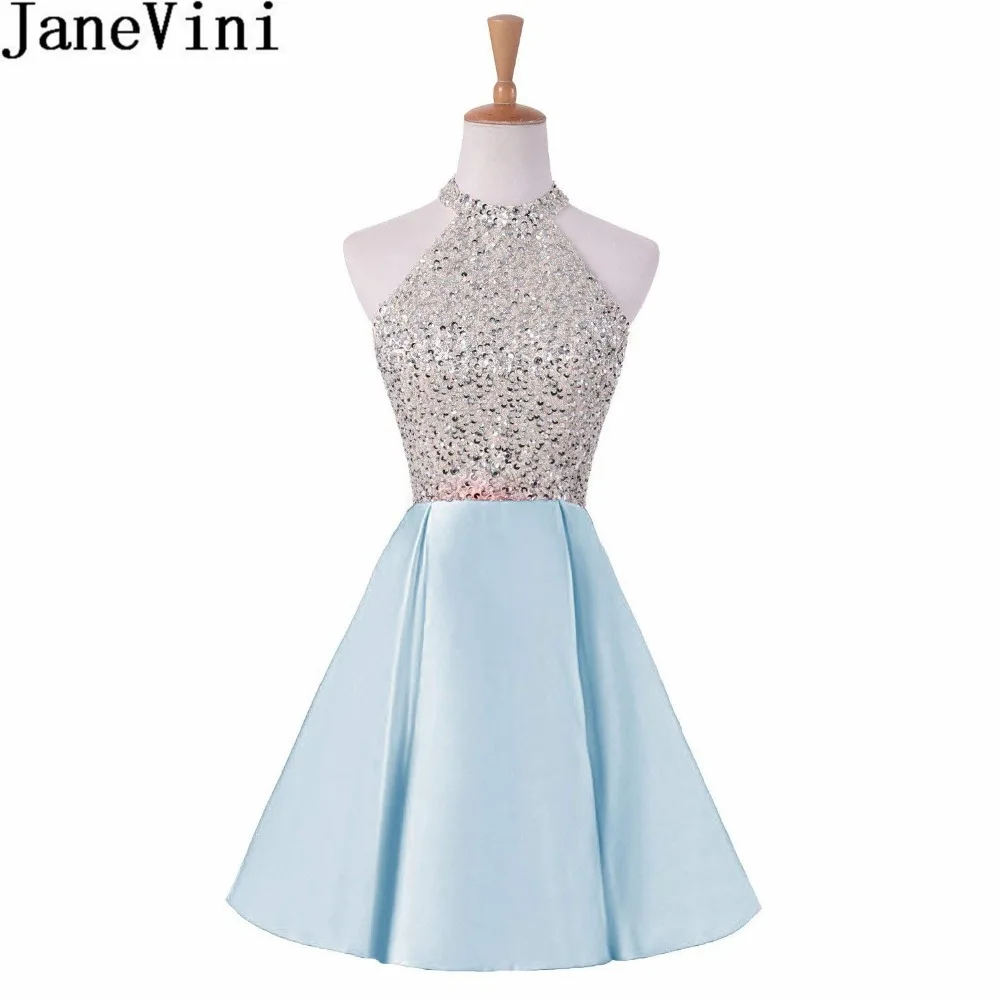 JaneVini небесно-голубой Jewel шеи бисером платья невесты Короткие Замочная скважина Назад Линия платье Homecoming атласная Ливан вечерние платье