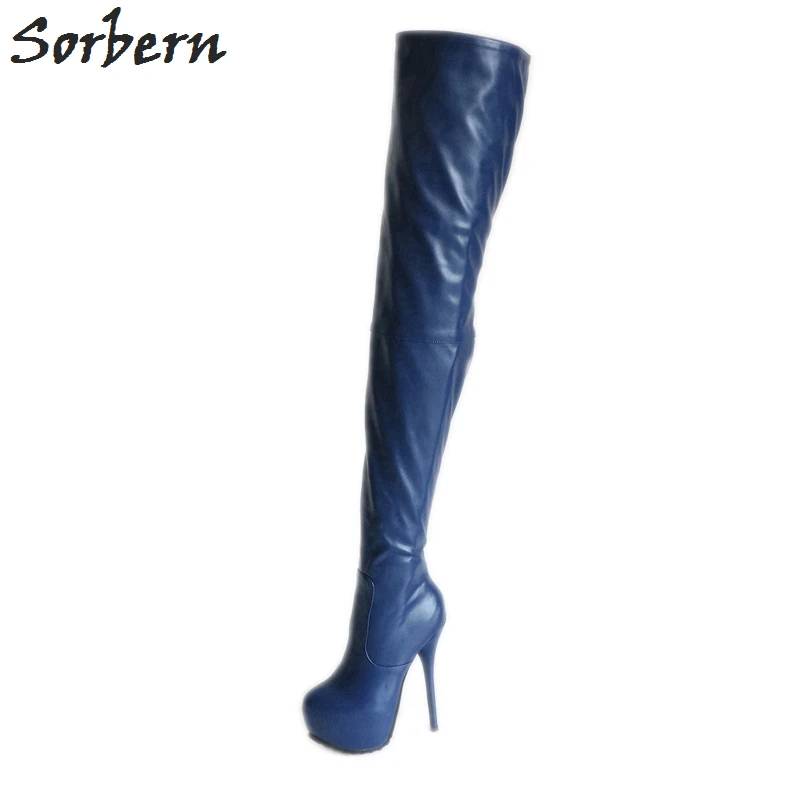 Sorbern/женские ботфорты до бедра из мягкой искусственной кожи; обувь на толстой платформе на высоком каблуке; коллекция года; высокие сапоги для трансвеститов; цвета «сделай сам» - Цвет: Navy Blue