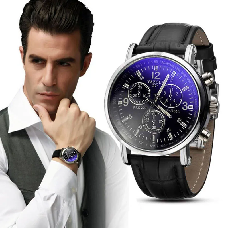 Горячая Распродажа, Топ бренд, роскошные модные часы из искусственной кожи, мужские кварцевые аналоговые часы из стекла Blue Ray, наручные часы, Прямая поставка