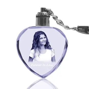 

3D Laser Engraved Crystal Photo Keychain Personalized Custom Heart Shaped Glass Hanging Key Rings Pendant Gifts with LED Light