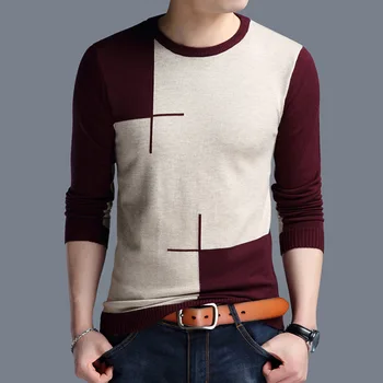 

Autumn Winter New Color block Warm Sweaters O-Neck Wool Sweater Men Brand-Clothing Knitted Cashmere Pullover Men 4XL