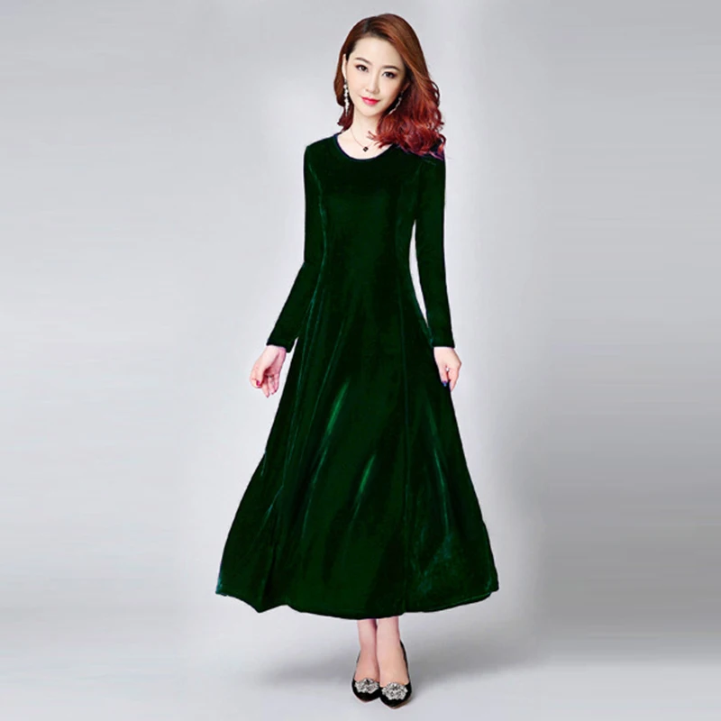 

Autumn Winter Velet Dresses Women Casual O-Neck Pleuche Long Dress And Street Wear Ladies Vintage Warm High Waist Office Dress