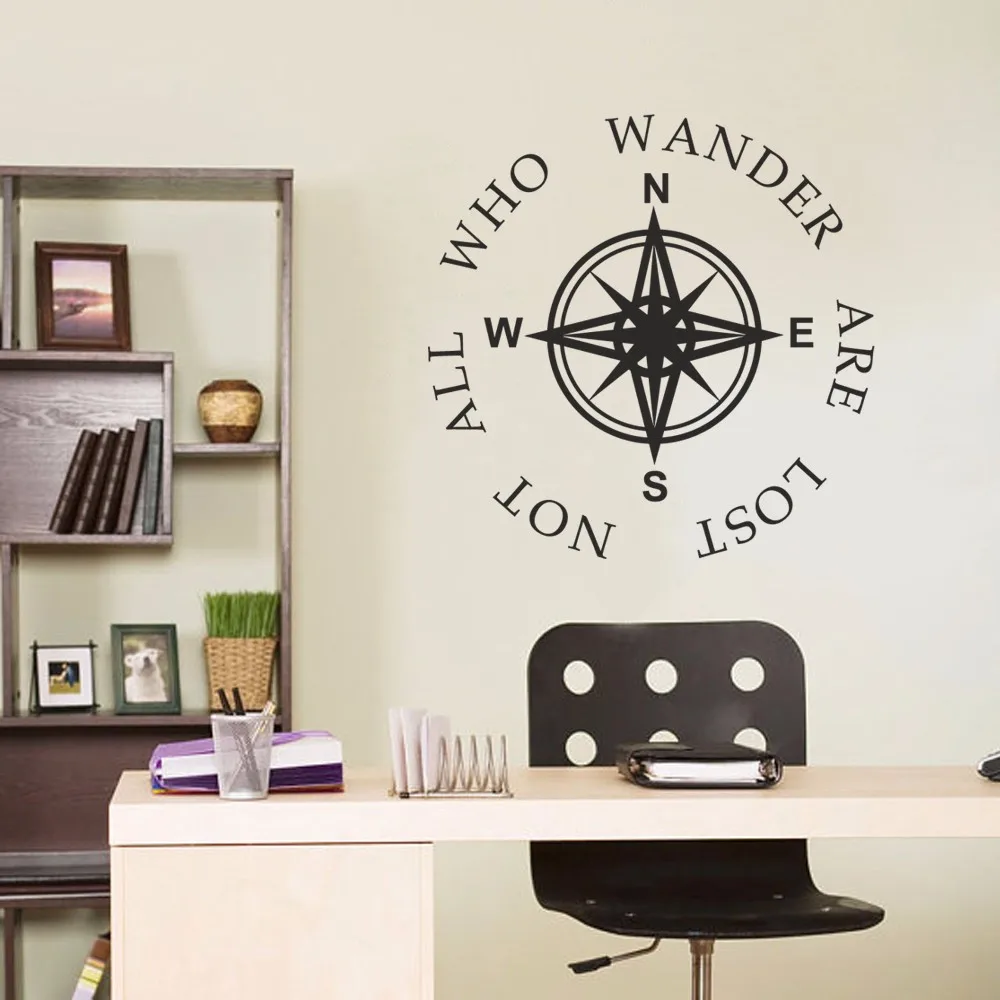 Wall art design waterproof Compass wall sticker with character words Not All Who Wander Are Lost quote mural home decor | Дом и сад