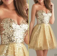 Gold 2017 Homecoming Kleider A-line Schatz Organza Pailletten Sparkle Backless Short Mini Cocktailkleider