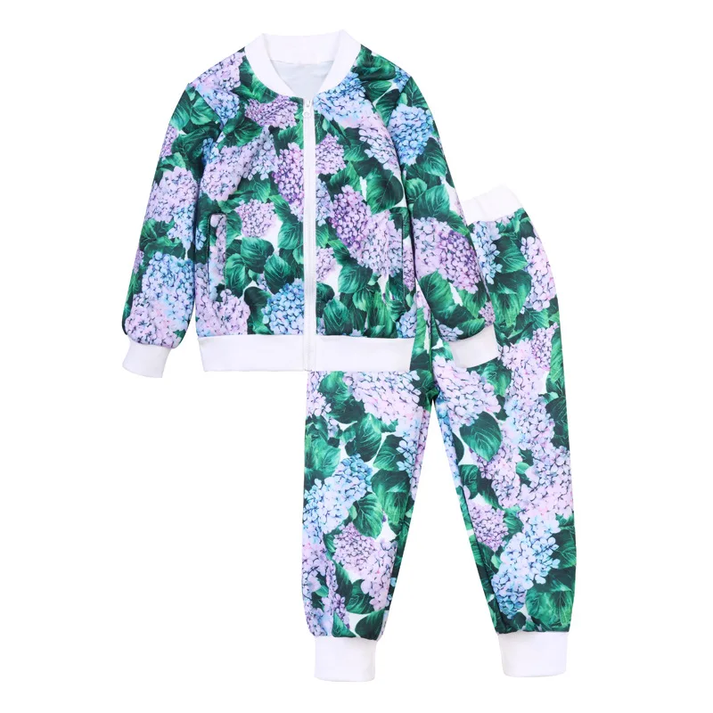 

Girls Casual Sportswear Fall Spring Fashion Printing Uniform O-neck Zip Closure Jacket + Trousers 2pcs Children Outerwear 2-10T