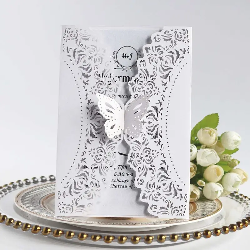 10pcs/set Glitter Laser Cut Lace Wedding Invitation Cards With Butterfly Bow For Wedding Bridal Sho - 33049601878
