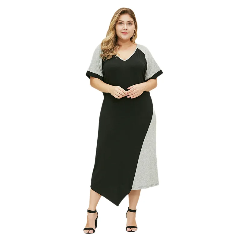 

WHZHM Summer Plus Size 3XL 4XL Deep V-Neck Asymmetrical Dress Women Party Casual Elegant Short Flare Sleeve Dress Ladies A-Line