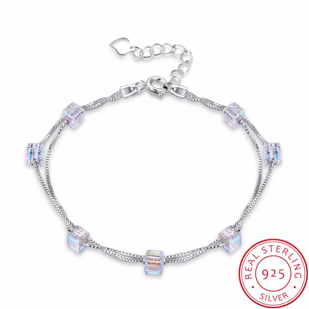 

INALIS 925 Sterling Silver Cube Crystal Bracelets Bangles Fine Luxury Jewelry for Women Authentic Original Gift
