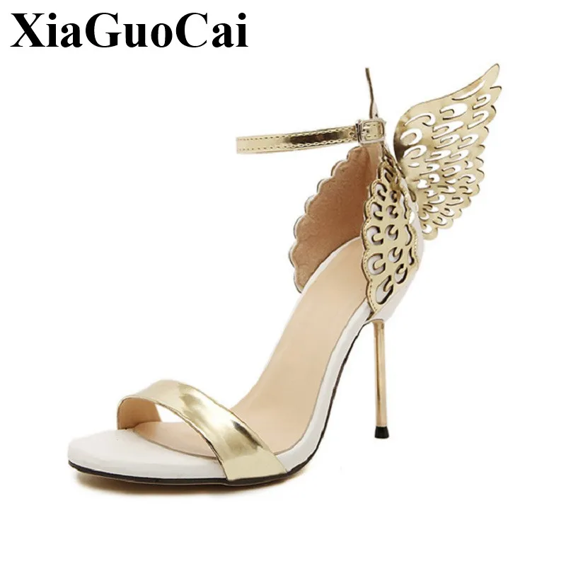 

New Shoes Women Sandals Summer Metal High Heels Pumps with Angel Wings Decor Ladies Sexy Ankle Strap Open Toe Sandals Footwear
