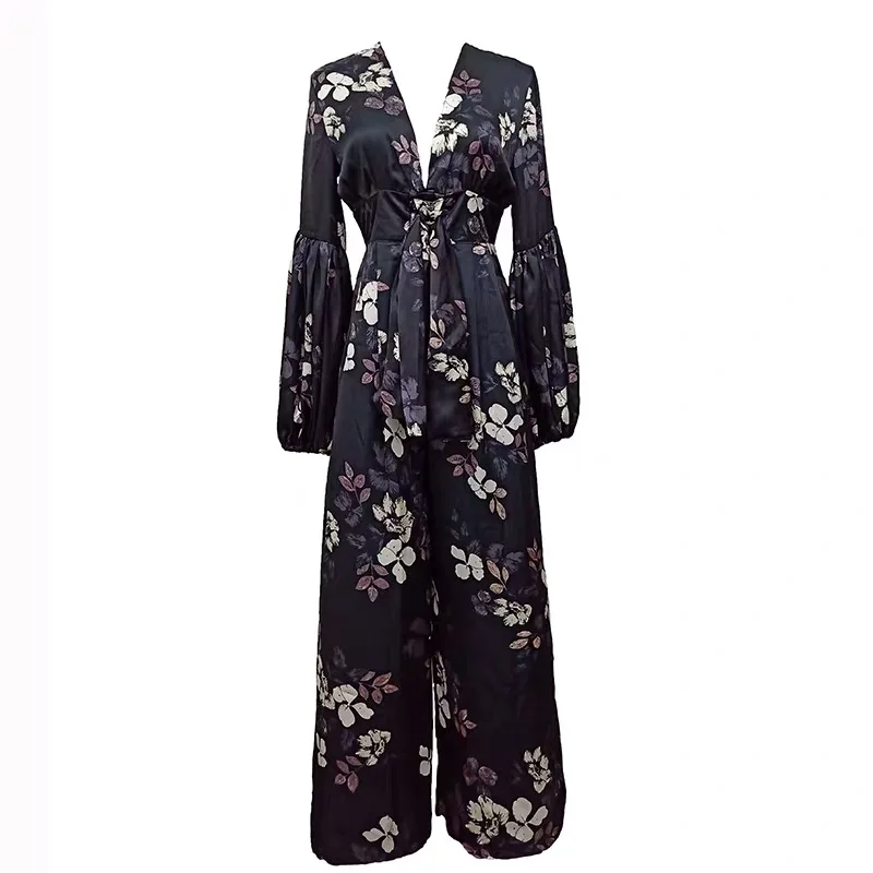 

2019 Summer Maxi Long Women Print Jumpsuits Loose Overall V-neck Evening Party Ankle-Length Bohemian Full Sleeve Pants Black