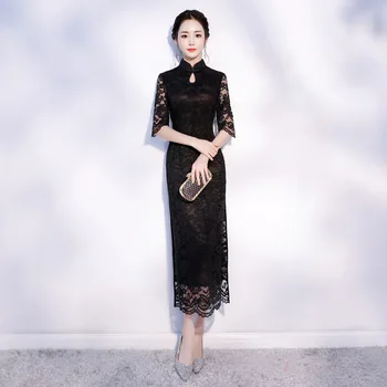 

Summer New Women Chinese Traditional Lace Dress Black Vintage Elegant Long Qipao Lady Slim Mandarin Collar Cheongsam S-2XL