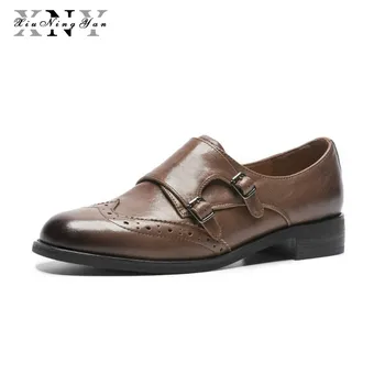

XiuNingYan Genuine Leather Brogues Designer Women Vintage Flats Shoes Big Size Handmade Brown Oxford Shoes for Woman 2018 Autumn