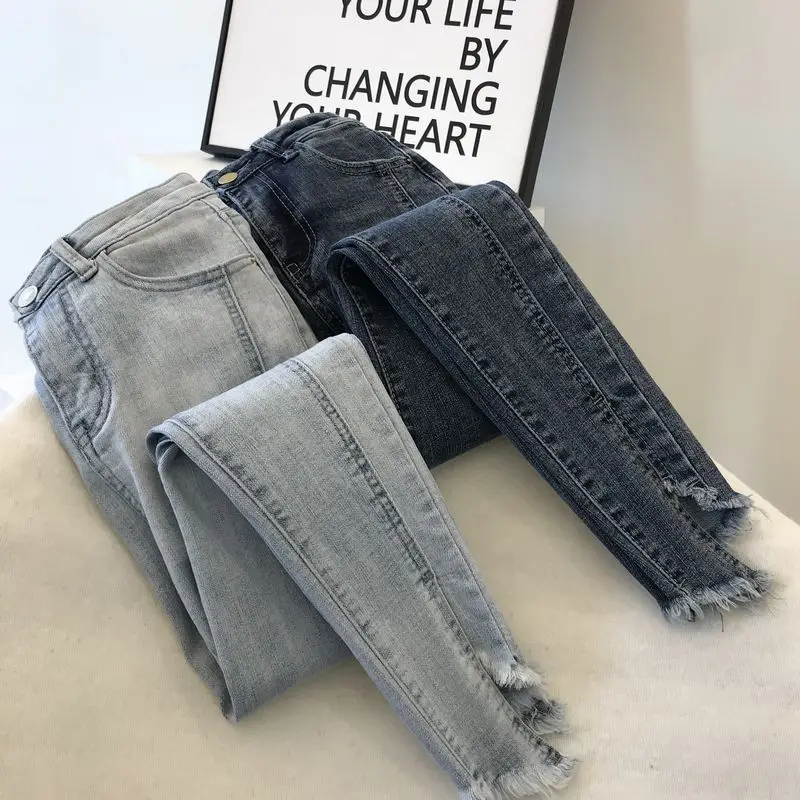 

High Waist Jeans Women Korean Style Spring Slim Classic Notched Trousers Girls Ladies Denim Pants Pencil Pants Stretch Jeans