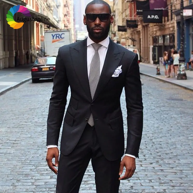 Retro Custom Made Black Men Suits for Wedding Men Suits Pants Peaked Lapel Best Man Blazers Jacket 2Piece Slim Fit Groom Tuxedos