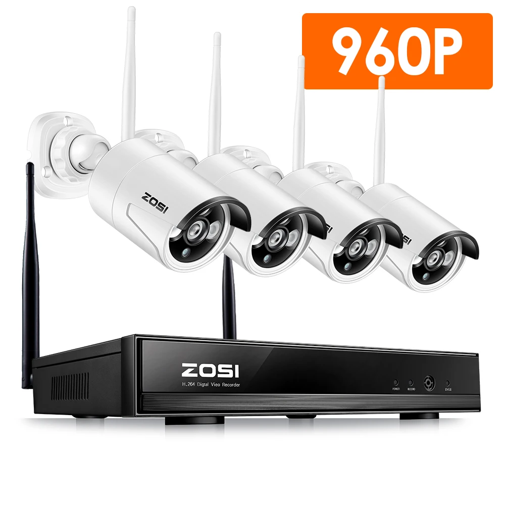 ZOSI 4CH 960P HD беспроводная видео камера безопасности Система 4 шт 1.3MP наружная WiFi IP камера безопасности цилиндрическая камера наблюдения NVR комплект