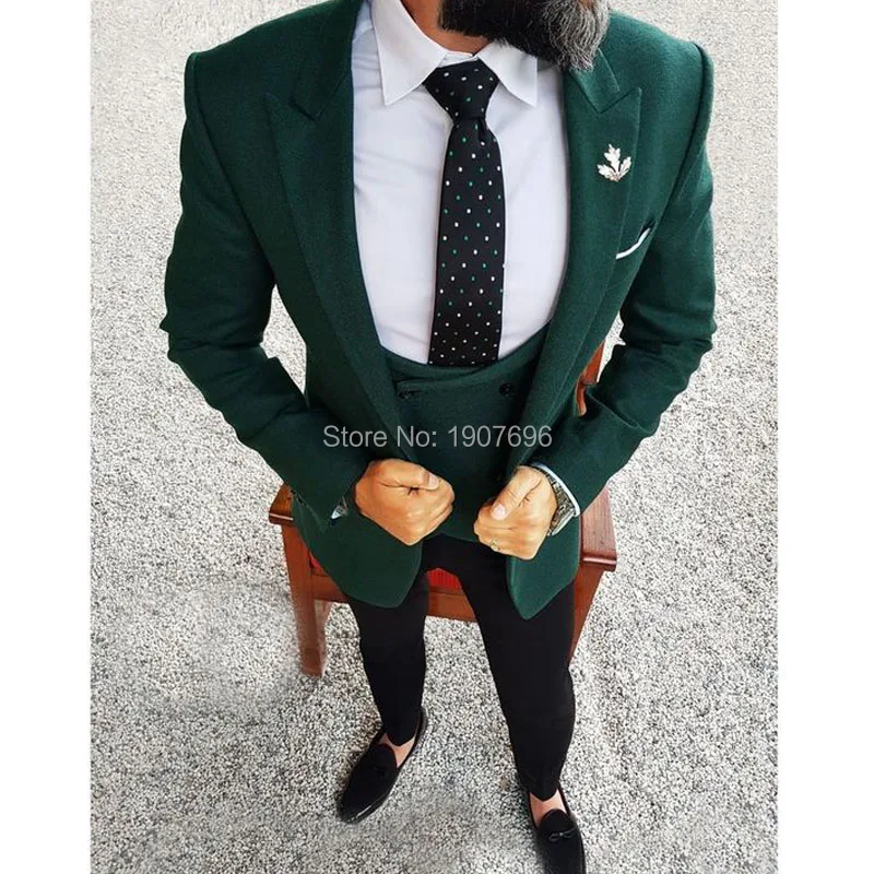Tailor Made Men Suits 2018 Dark Green Blazer Three Piece Jacket Black Pants Vest Slim Fit Groom Wedding Tuxedos