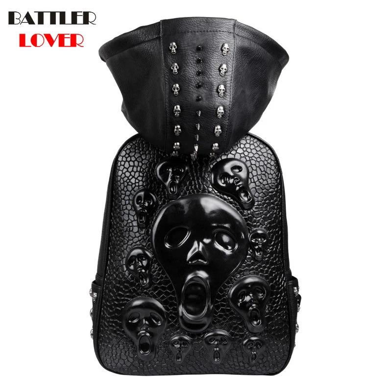 

2018 Men Hooded Backpack Mochilas Males Skull Backpack Mens Moto Punk Bagpack Mochila Masculina Hombre Biker High Quality PU Bag