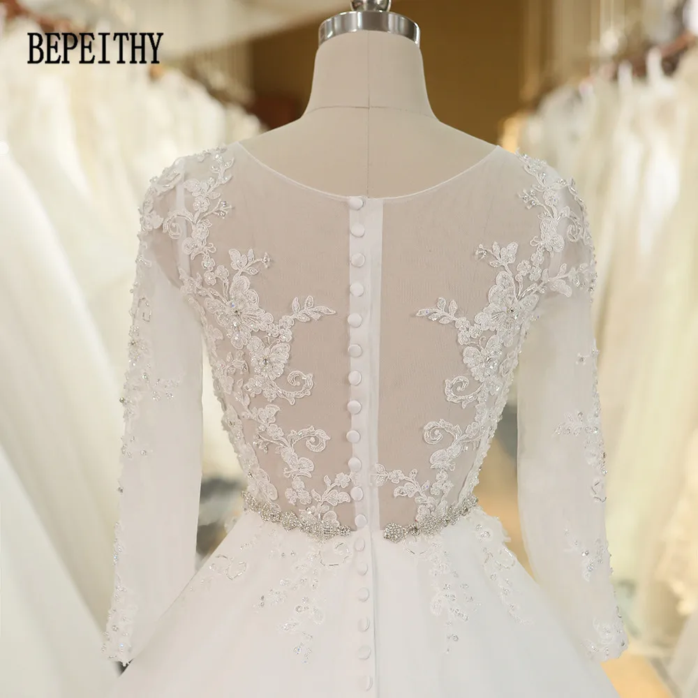 BEPEITHY настоящая фотография Robe De Mariage бальное платье c аппликациями кружева хрустальный пояс длинный рукав свадебное платье Vestido De Novia