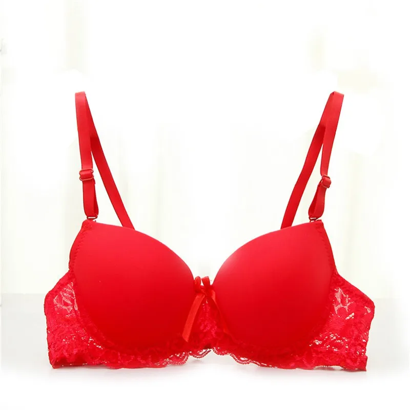 Women Girl Seamless Lace Solid Color 3/4 Cup Push Up Bra Adjustable Support Bra - Цвет: red