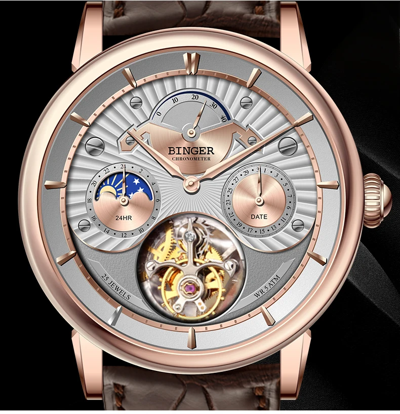 Оригинальные Роскошные Брендовые мужские часы BINGER TOURBILLON с ремешком из крокодиловой кожи сапфировые водонепроницаемые механические мужские часы