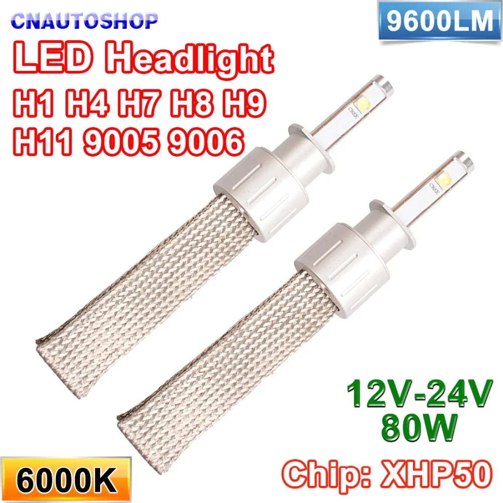 

Hippcron 2*40W 80W H1 H4 H7 H8 H9 H11 9005 9006 LED Headlight XHP50 9600LM 12V-24V Kit All In One 6000K White Car Lights (1 Set)
