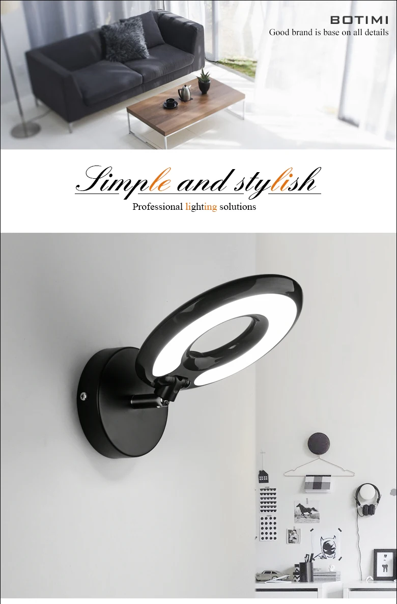 BOTIMI современный светодиодный настенный светильник белого цвета с выключателем для спальни, Круглый прикроватный настенный светильник для чтения, черный простой зеркальный светильник