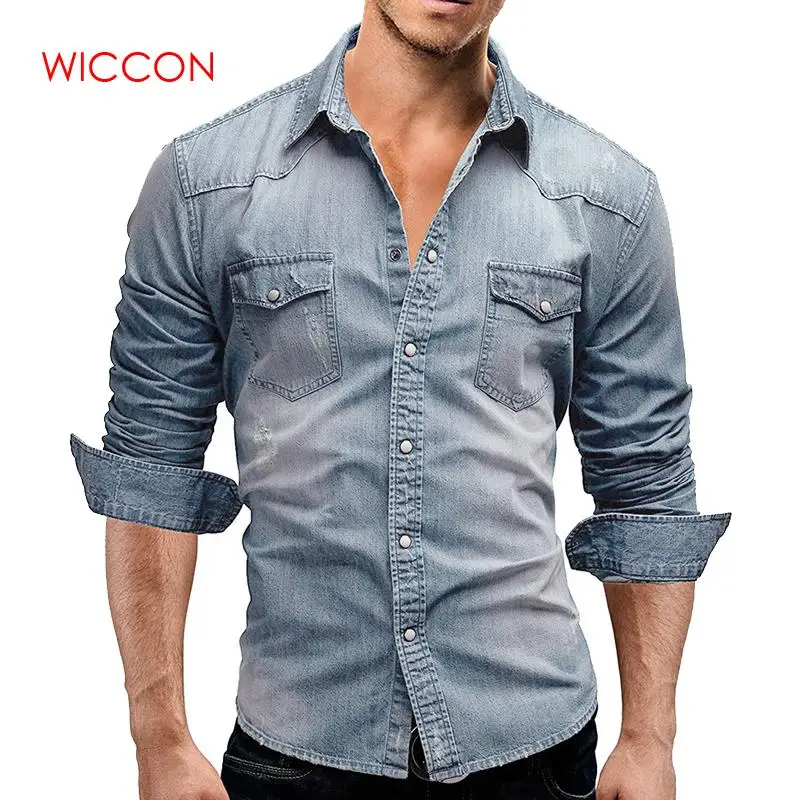 

Men Shirt Brand 2019 Male Long Sleeve Shirts Casual Solid Color Denim Slim Fit Turn-Down-Collar Shirts Mens 3XL Clothes
