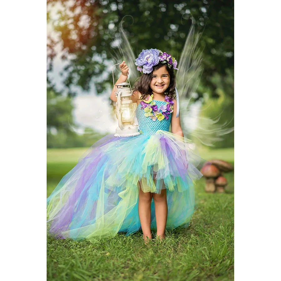 Kids Princess Multi Colored Flowers Long Tail Tutu Dress Baby Girls (11)