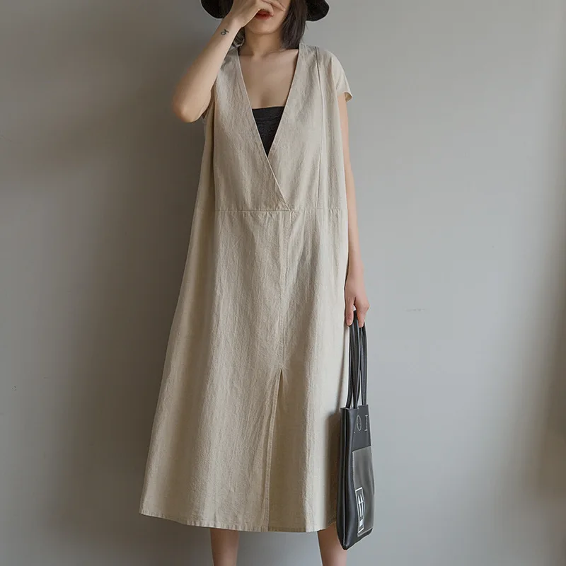 

Johnature 2019 V-neck Solid Color Japanese Cotton Linen Mid-calf Length Dress Summer New Casual Loose Women Short-sleeve Dress