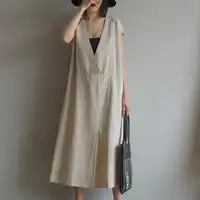 Johnature 2019 V-neck Solid Color Japanese Cotton Linen Mid-calf Length Dress Summer New Casual Loose Women Short-sleeve Dress