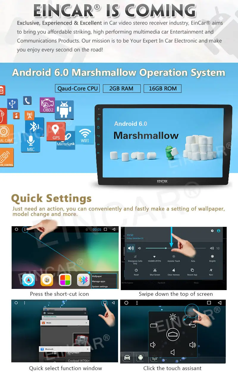 Cheap Android6.0 10.1" Detachable Car Stereo Full Touch Panel GPS Radio OBD2 BT No DVD 4