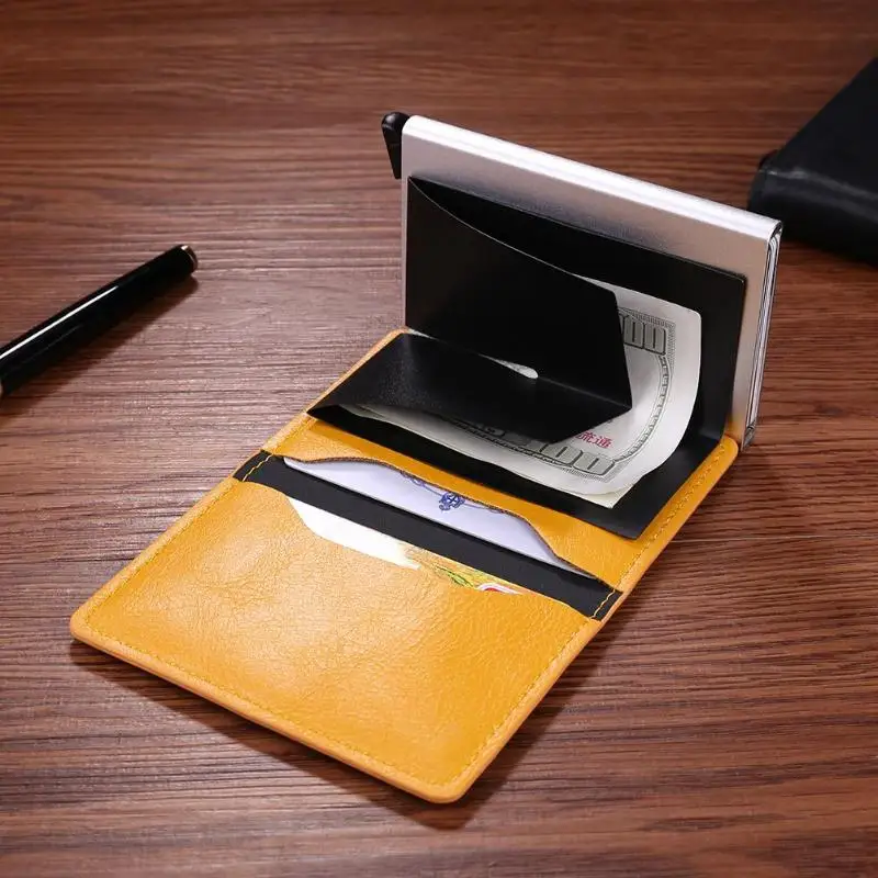 Мужской металлический держатель для Карт RFID алюминиевый сплав кредитный держатель для карт из искусственной кожи кошелек Противоугонный автоматический RFID кошелек дропшиппинг